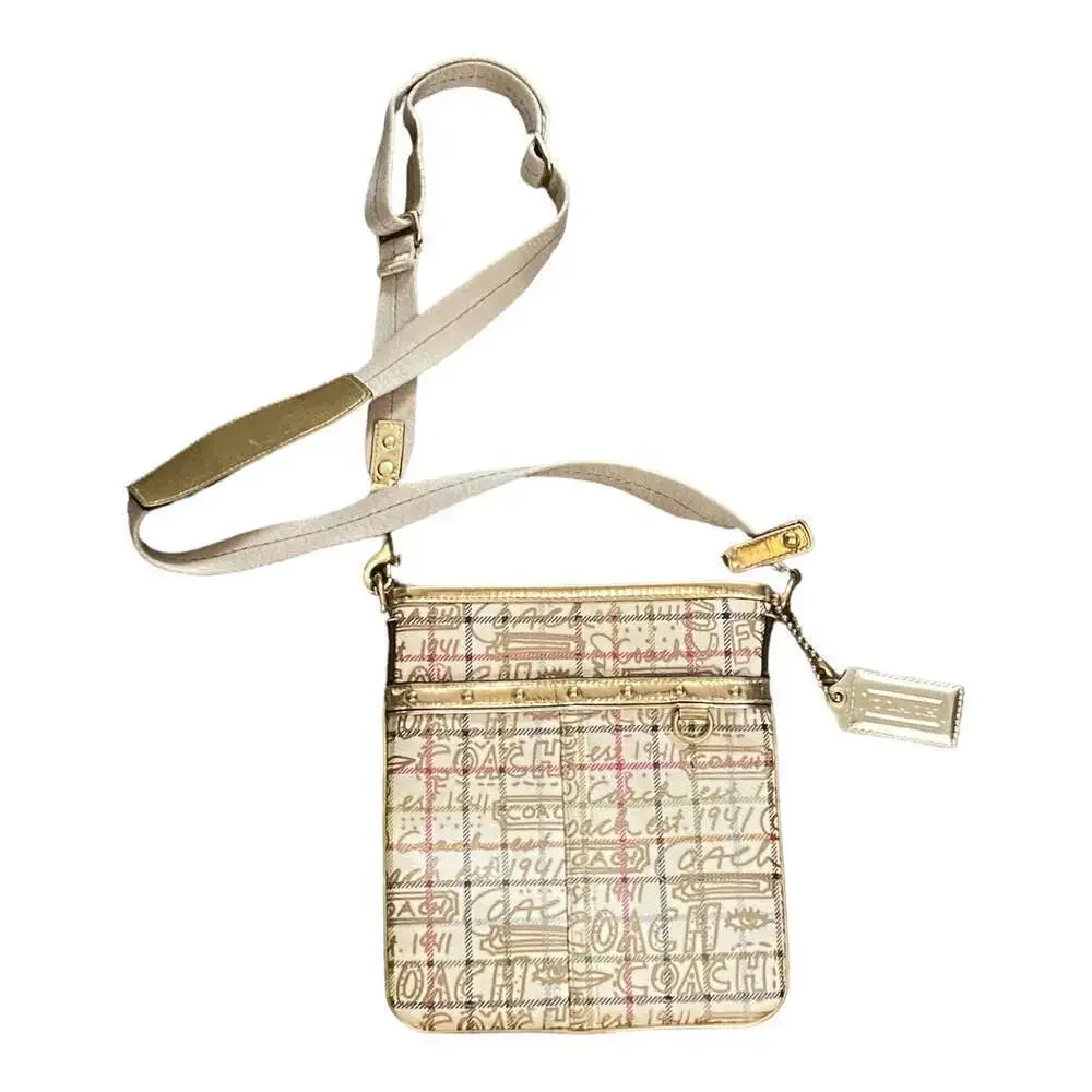 COACH Script Signature Graffiti Small Crossbody Bag Khaki Metallic Canvas Y2K